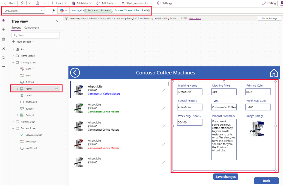 Screenshot of the form with focus on the form name in the tree view, the form, and the OnSuccess property.