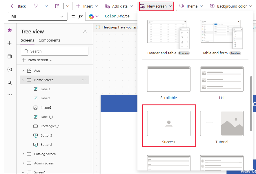 Screenshot of the templates for new screens.