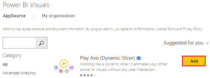 Snímek obrazovky s importem vlastního vizuálu Play Axis (Osa přehrávání) do Power BI Desktopu