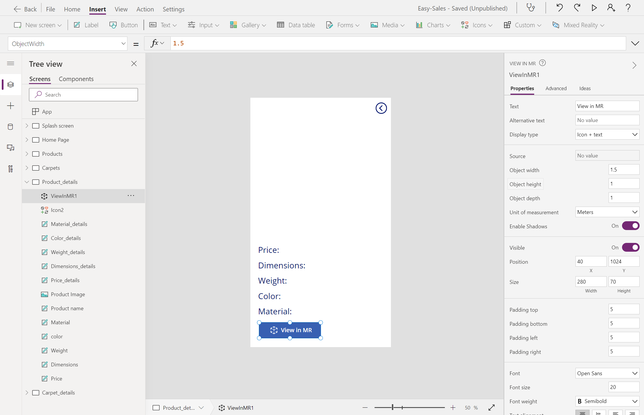 Snímek obrazovky pro škálování objektu pro zobrazení v mr.
