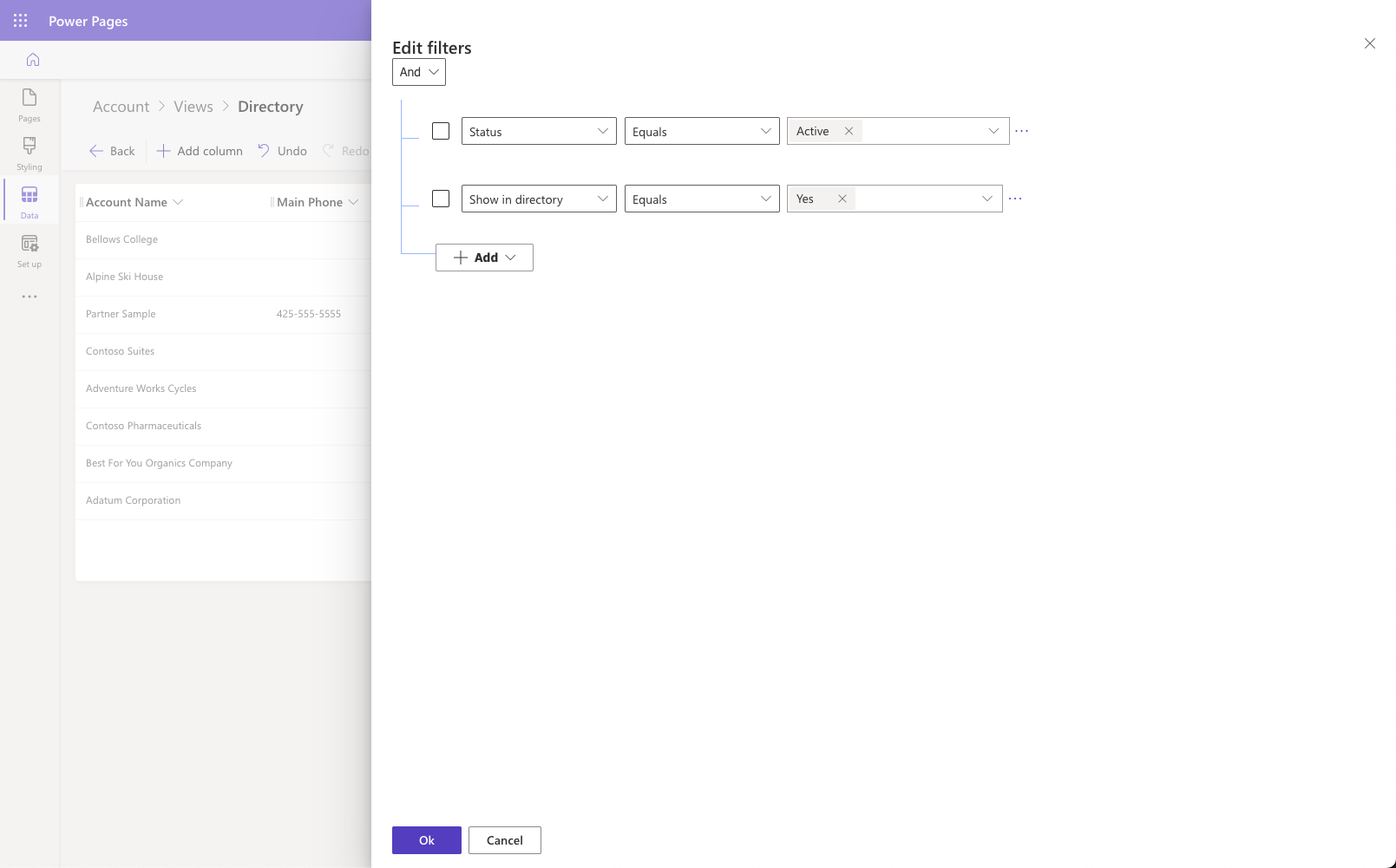 Screenshot of view filter conditions.