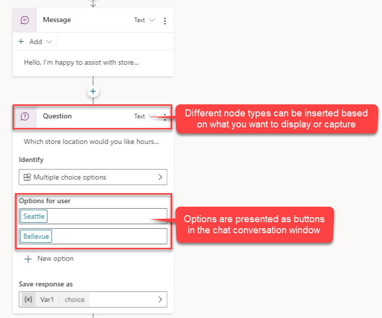 Screenshot of the question node with caption Different node types can be inserted based on what you want to display or capture, and the Options node with caption Options are presented as buttons in the chat conversation window.