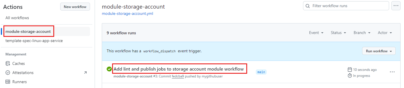 Snímek obrazovky GitHubu, který zvýrazňuje nejnovější spuštění pracovního postupu modulu