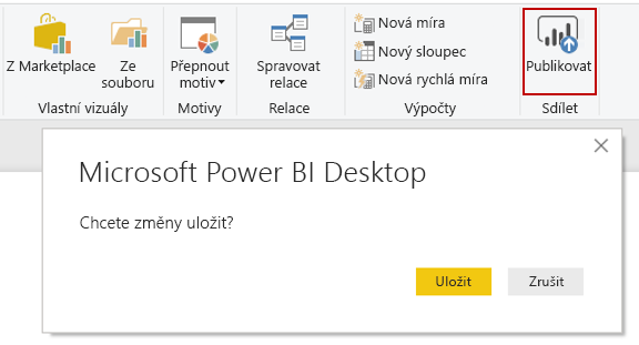 Snímek obrazovky s tlačítkem Microsoft Power BI Desktop Publish (Publikovat)