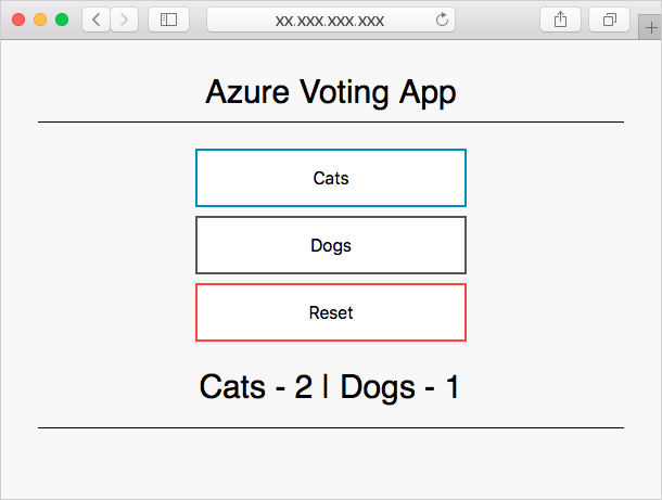 Screenshot that shows the Azure voting application with two choices in a browser. Cats and Dogs.