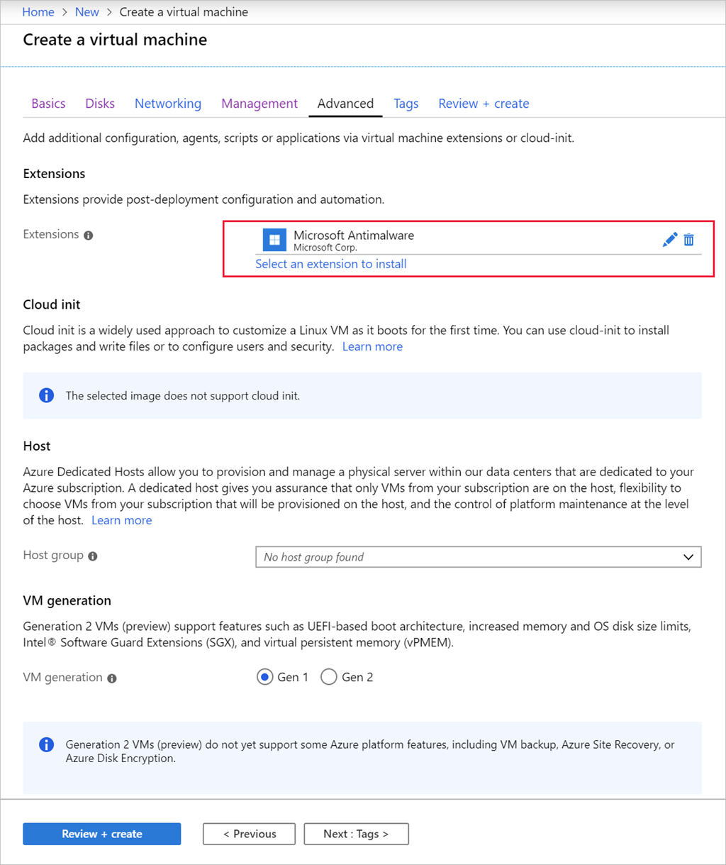 Screenshot showing the Advanced tab with Microsoft malware extension installed.
