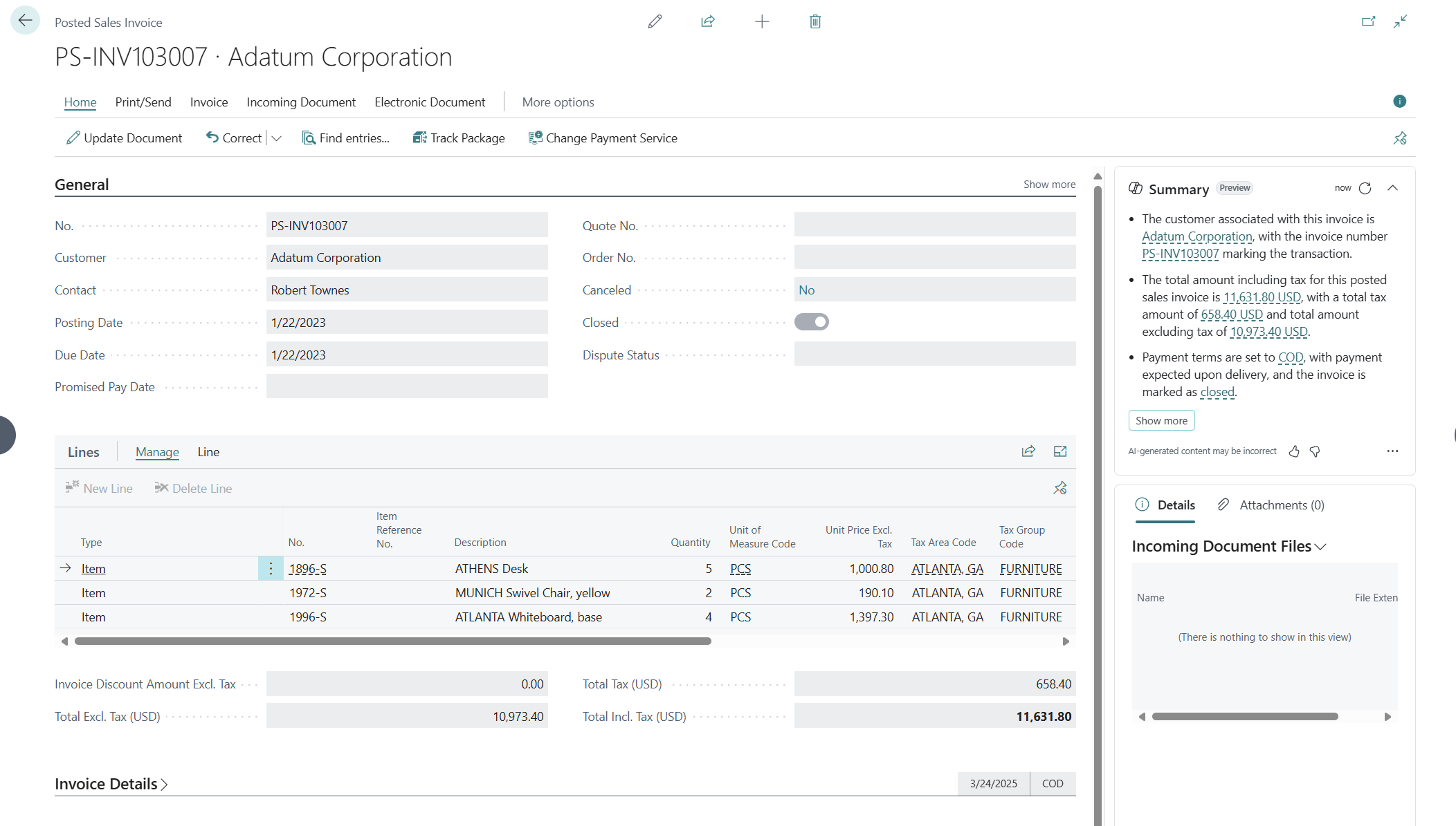 Screenshot of a posted sales invoice example.