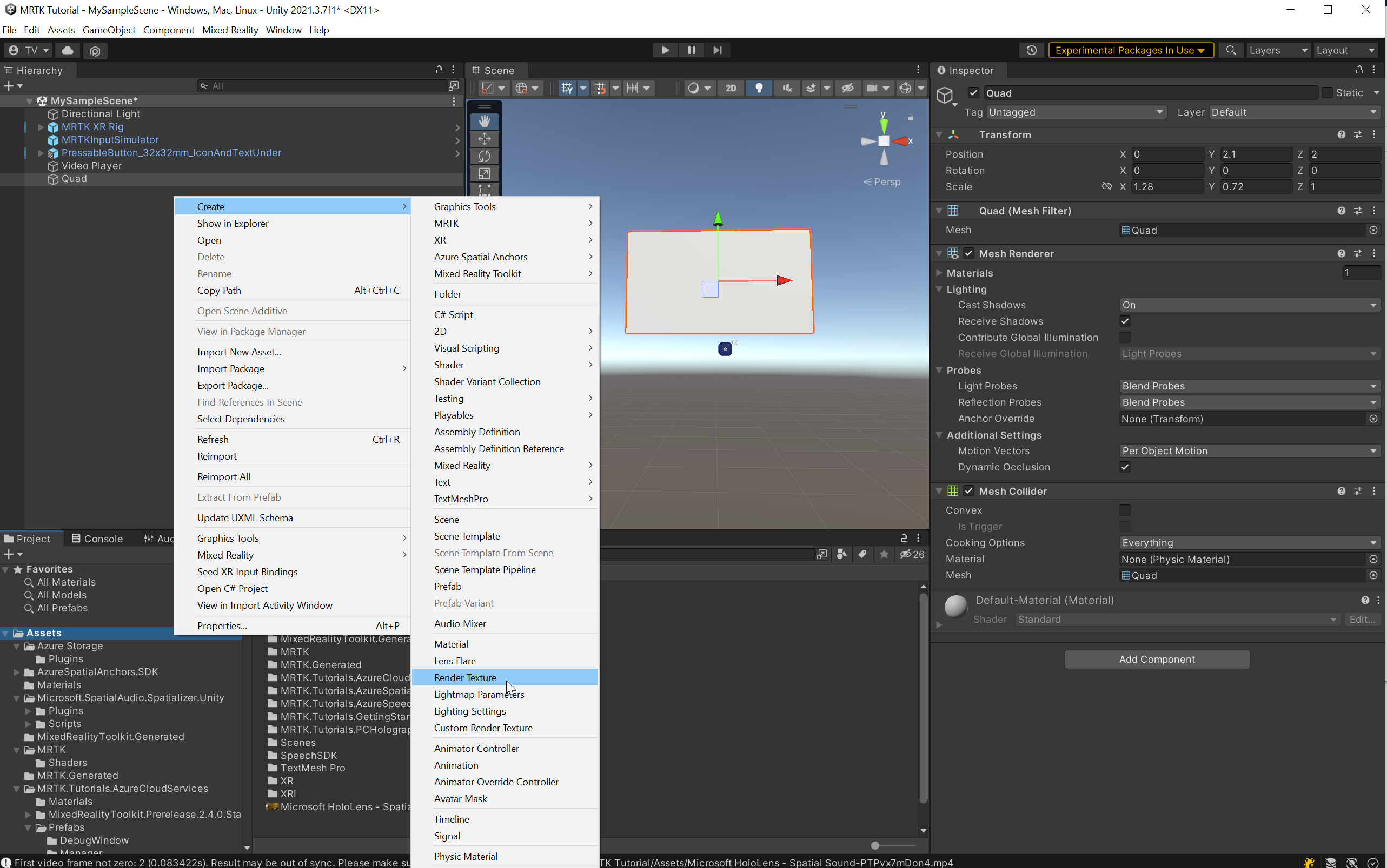 Screenshot of creating a Render Texture.