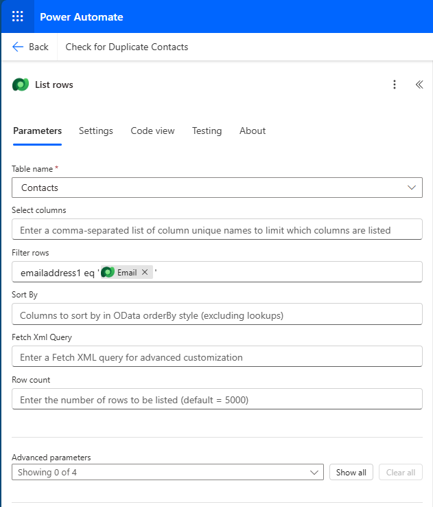 Screenshot of the values for filtering the data.