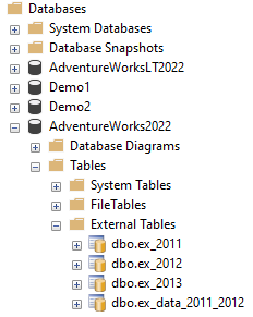 snímek obrazovky SSMS zobrazující externí tabulky pro verze 2011, 2012 a 2013
