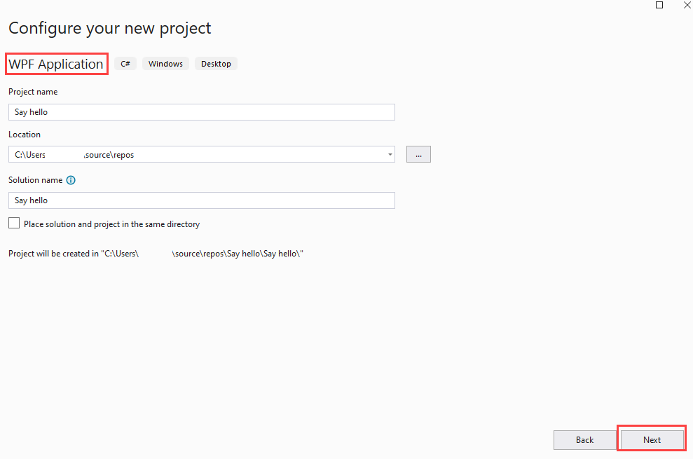 Screenshot that shows the Configure your new project window for a WPF App with the Next button selected.