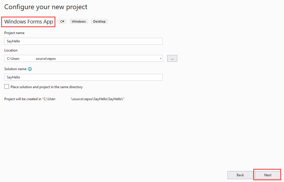 Screenshot that shows the Configure your new project window for a Windows Forms App with the Next button selected.