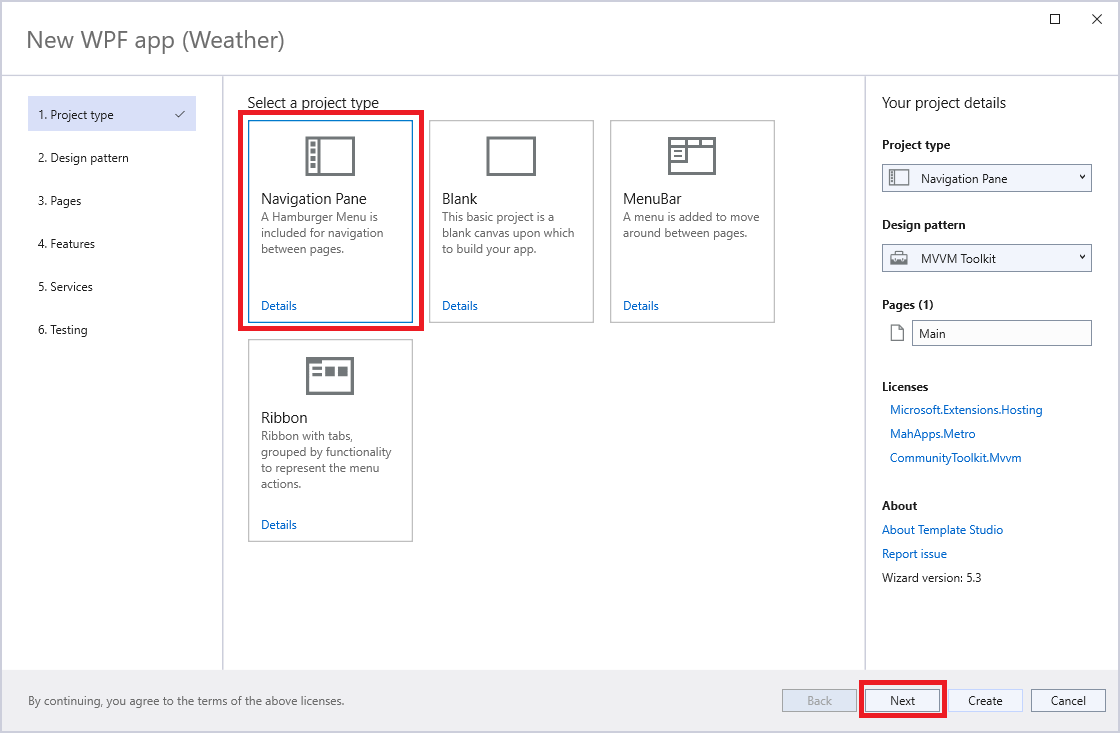 Screenshot that shows selecting the Navigation Pane on the Project type page of the Template Studio, and the Next button selected.