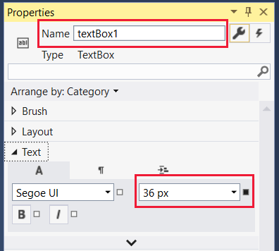 Screenshot that shows the Name set as textBox1 in the properties, and the Tex tab open with 36px selected as the text size.