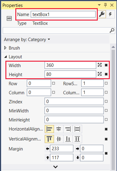 Screenshot that shows the Layout properties of Width and Height set in the Properties window.