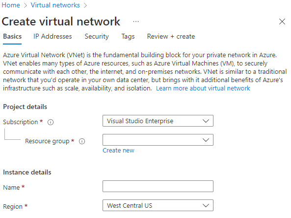 Snímek obrazovky, který ukazuje, jak vytvořit virtuální síť na webu Azure Portal
