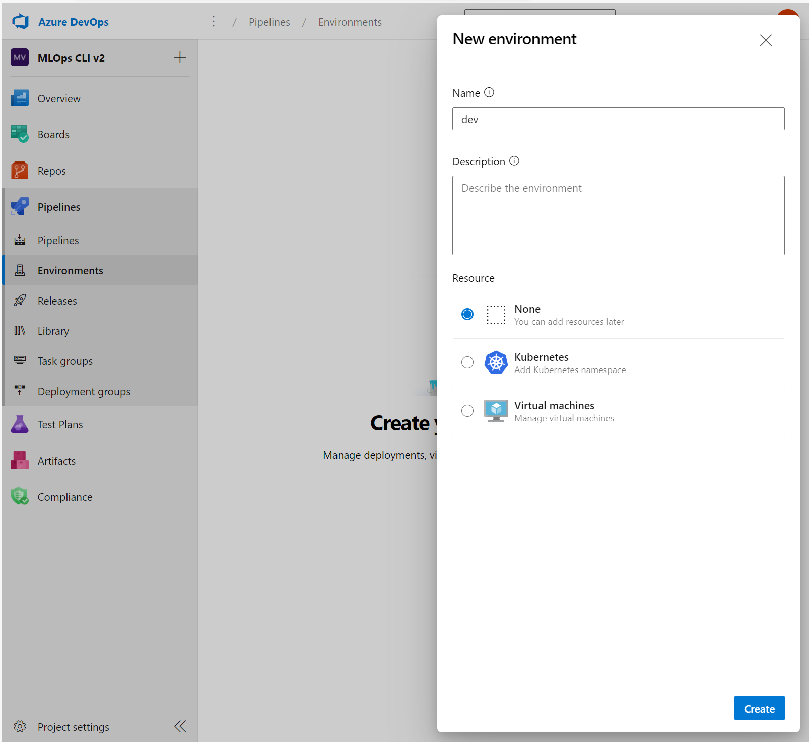 Snímek obrazovky s vytvářením nového prostředí v Azure DevOps