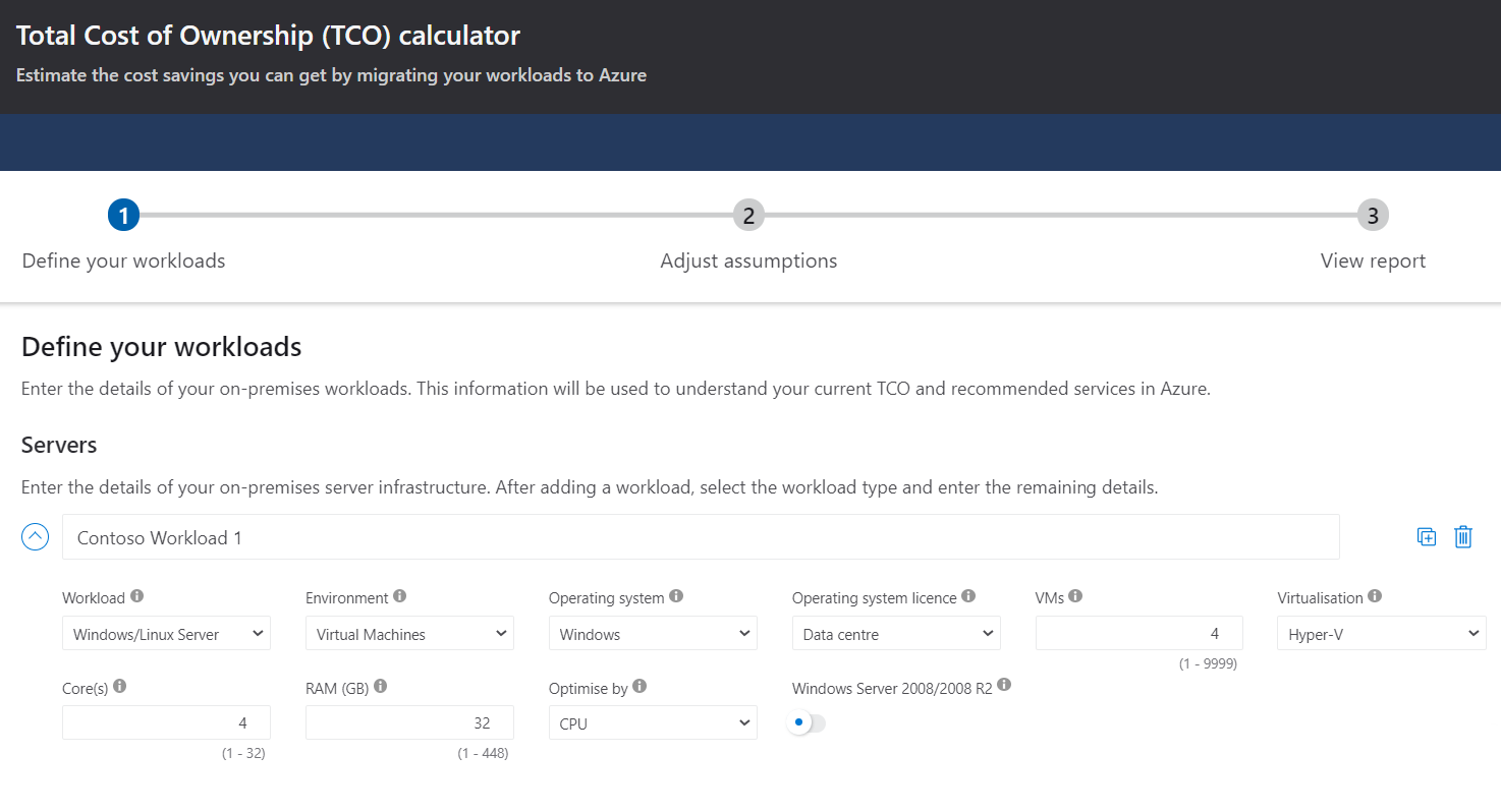 Snímek obrazovky kalkulačky celkových nákladů na vlastnictví Azure s odhady nákladů