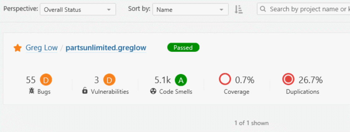 Screenshot of the Parts Unlimited project. Shown are Vulnerabilities, Bugs, and Code smells.