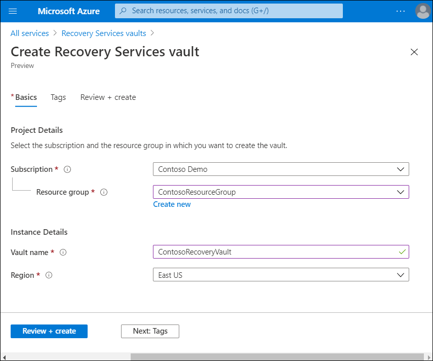 A screenshot of the Create Recovery Services vault blade in the Azure portal. The administrator has defined the Subscription, Resource group, and Region, and entered the vault name ContosoRecoveryVault.