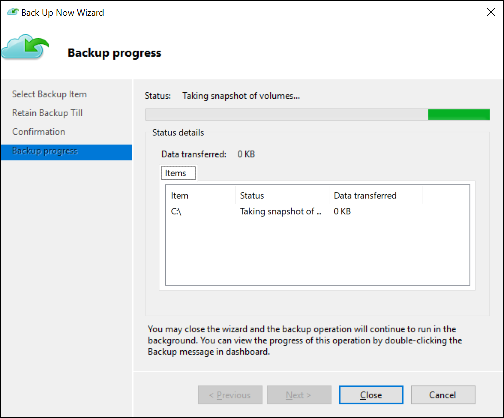 A screenshot of the Backup progress dialog box. A backup has been initiated by the administrator.