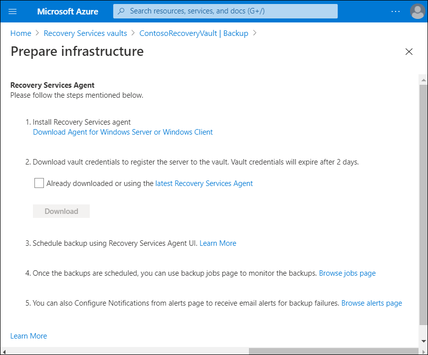 A screenshot of the Prepare infrastructure blade in the Azure portal. Step 1 provides a link to download the MARS recovery services agent.