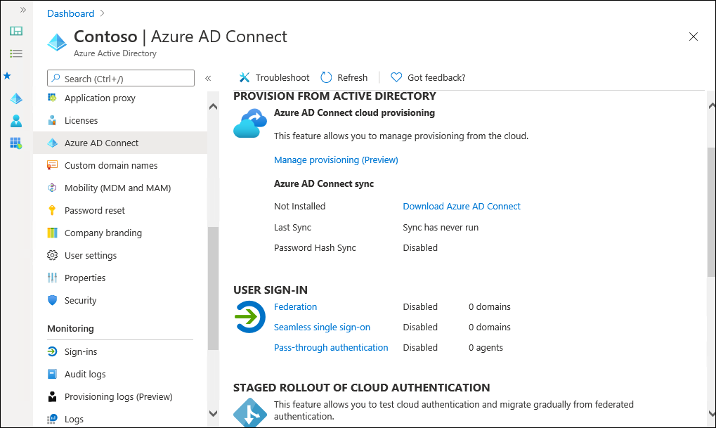 A screenshot of the Microsoft Entra Connect blade in the Microsoft Entra admin center. The administrator is about to download the Microsoft Entra Connect feature.