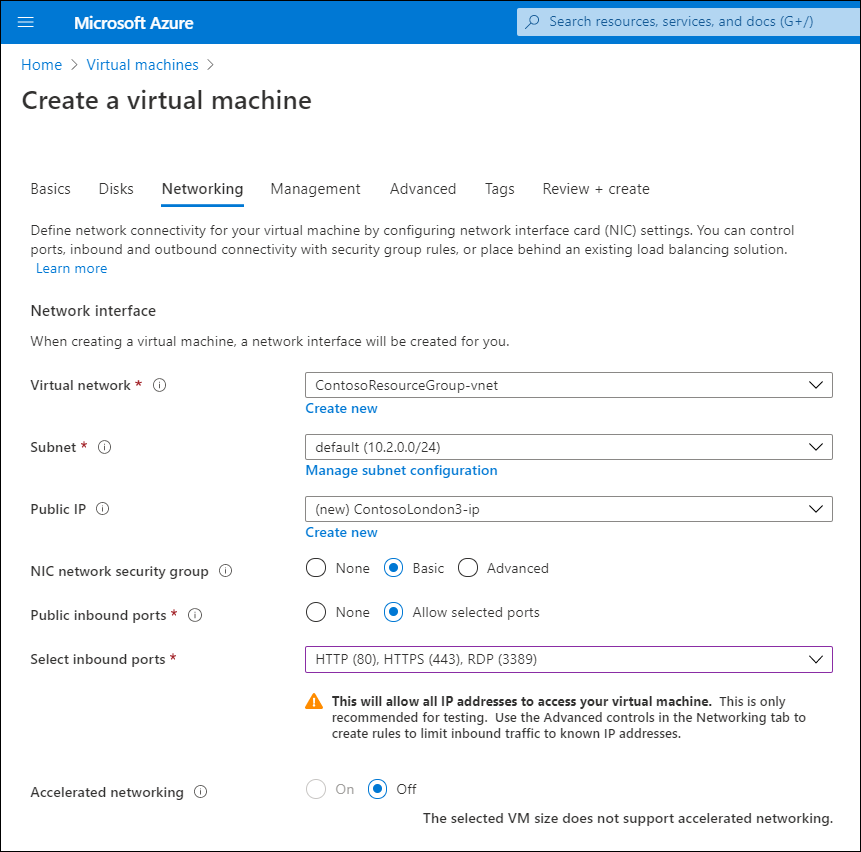 Snímek obrazovky se stránkou Vytvořit virtuální počítač na webu Azure Portal Správce přijal výchozí nastavení pro tento virtuální počítač ve skupině ContosoResourceGroup. Zařízení je připojené k virtuální síti ContosoResourceGroup-vnet a je přiřazené k privátní podsíti IPv4. Virtuální počítač má také výchozí veřejnou IPv4 adresu.