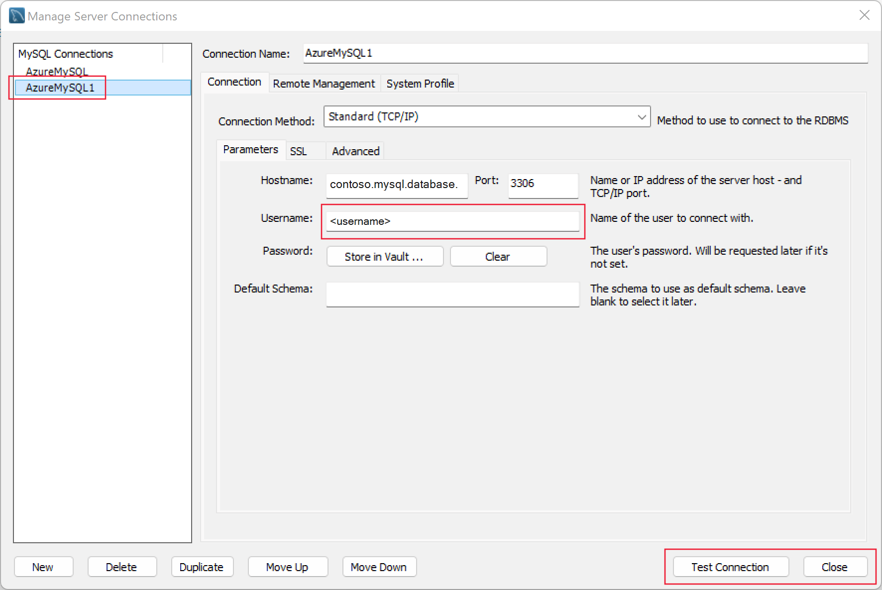 Screenshot showing the new user account in the Manage Connections dialog in MySQL Workbench.