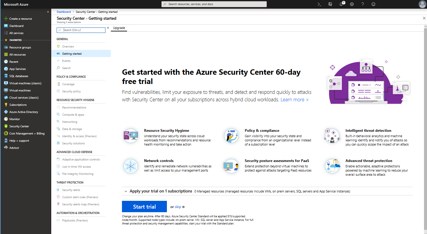 Snímek obrazovky s řídicím panelem Microsoft Defender for Cloud – Začínáme na webu Azure Portal Informace o bezplatných 60denních zkušebních displejích.