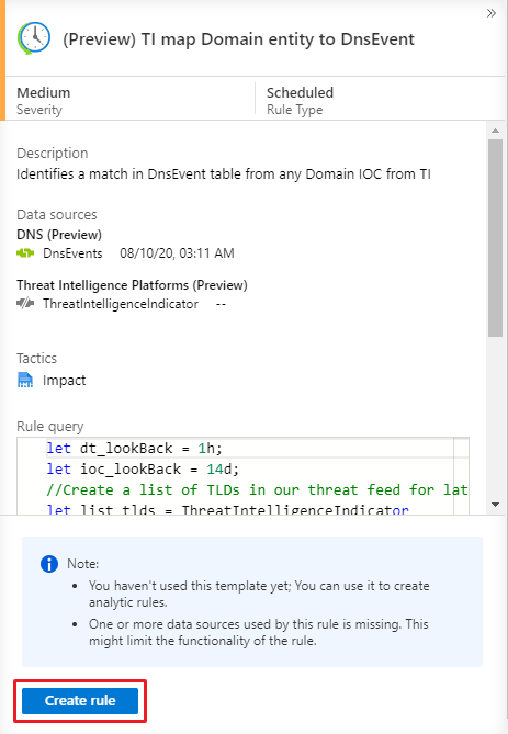 Snímek obrazovky znázorňující příklad šablony analytického pravidla v Microsoft Sentinelu