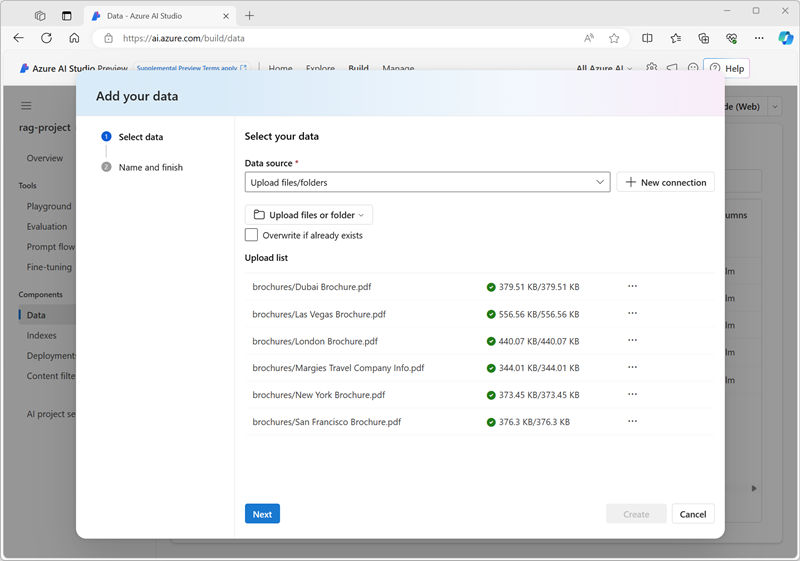 Snímek obrazovky s dialogovým oknem Přidat data v Azure AI Studiu