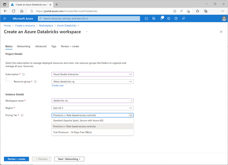 Snímek obrazovky se stránkou Vytvořit pracovní prostor Azure Databricks na webu Azure Portal