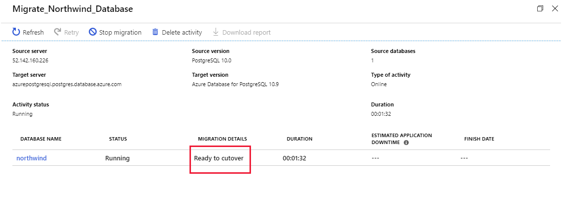 Image showing the activity status page for the migration activity. The migration has transferred all the current data, and is ready to cutover to the new database.