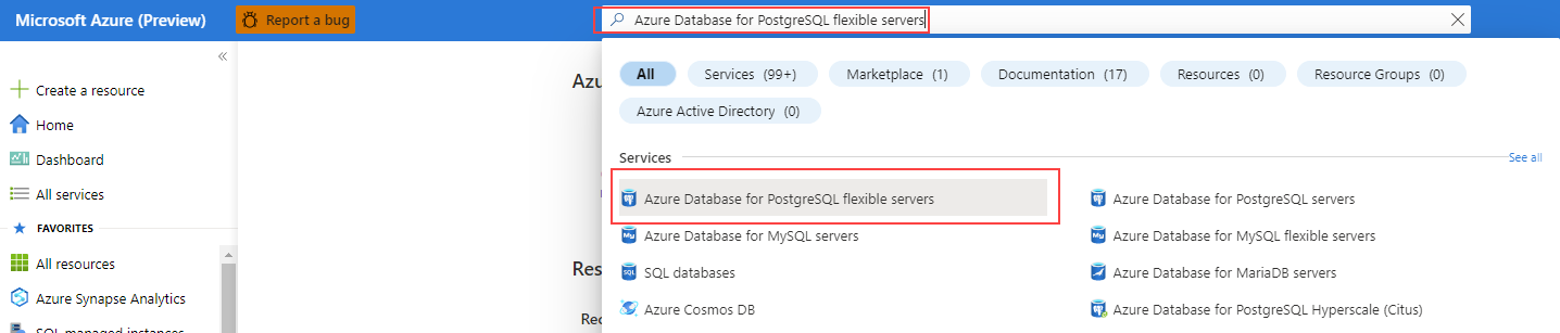 Screenshot showing the Azure Database for PostgreSQL flexible servers item in the Azure portal.