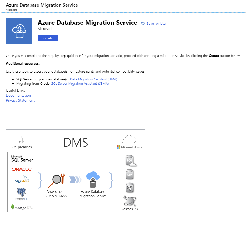Image showing the initial page when creating the Azure Database Migration Service