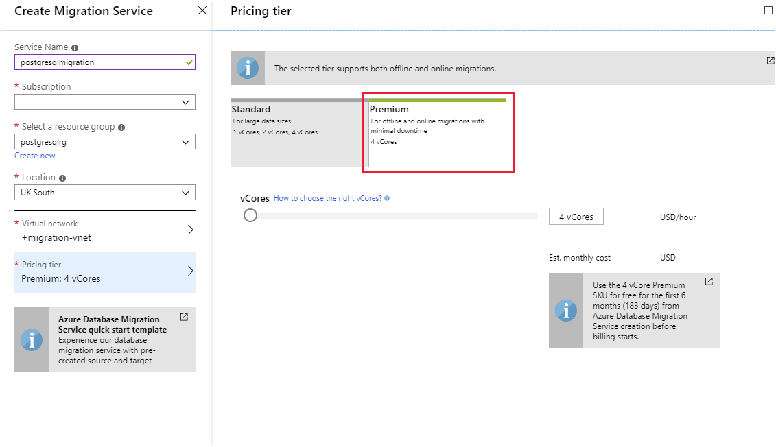 Image showing the configuration for the Azure Database Migration Service. The user has selected the Premium pricing tier