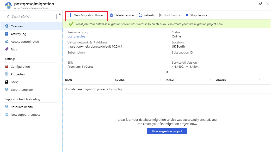 Image showing the newly created Azure Database Migration Service.