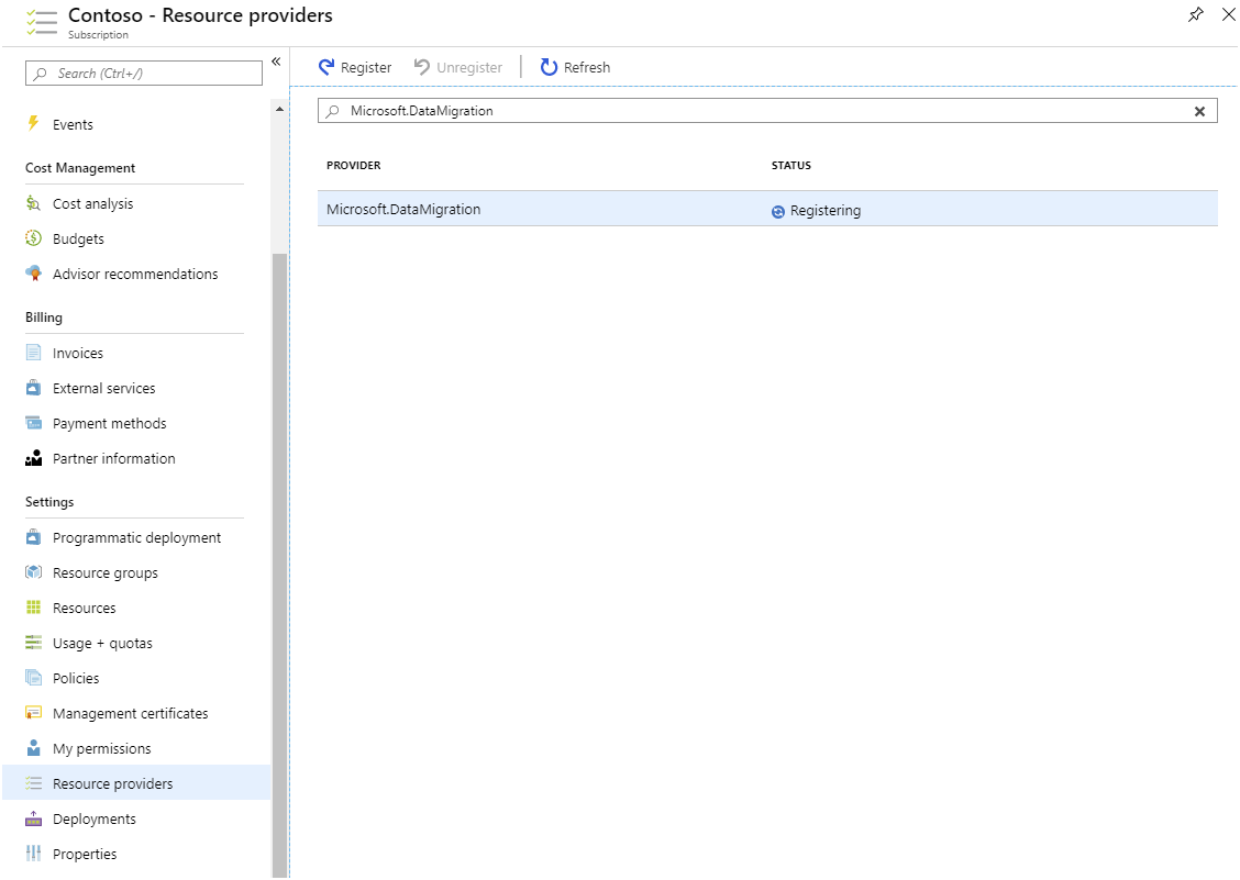Image showing the Resource providers page. The user is registering the Microsoft.DataMigration resource provider