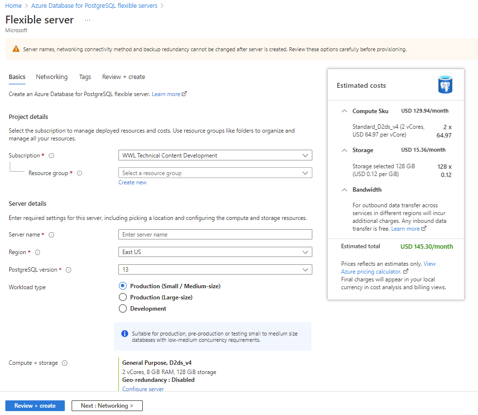 Screenshot showing a sample configuration for Azure Database for PostgreSQL flexible server in the Azure portal.