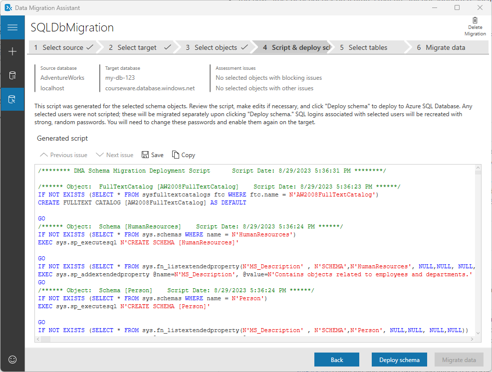 Snímek obrazovky znázorňující vygenerovaný skript v datovém Pomocník s migrací