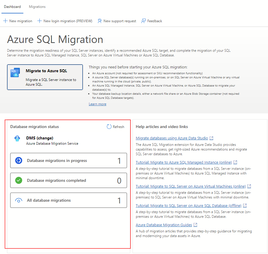 Snímek obrazovky řídicího panelu migrace v rozšíření migrace Azure pro Azure Data Studio