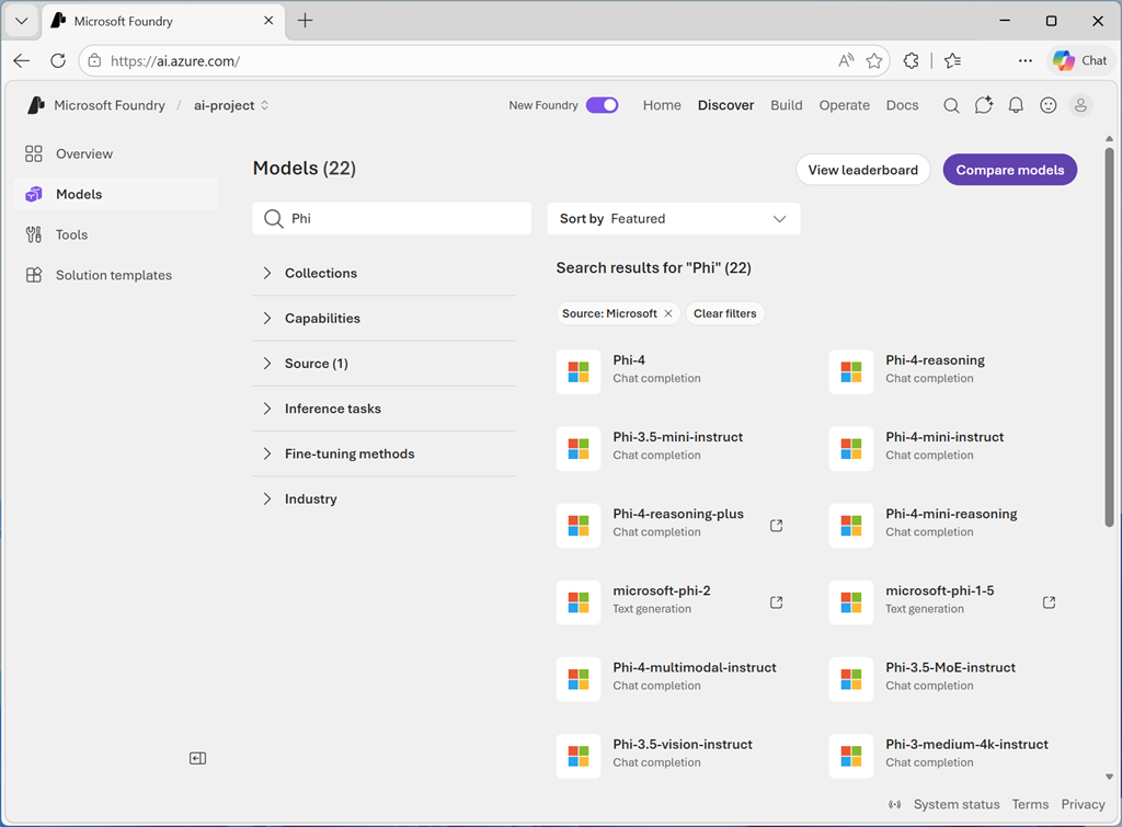 Snímek obrazovky katalogu modelů na portálu Microsoft Foundry