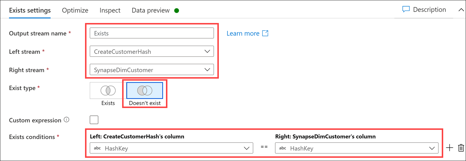 The Exists settings form is configured as described.