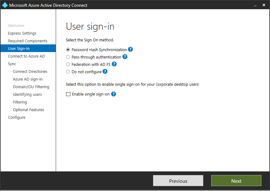 Screenshot of Microsoft Entra Connect with the Password Hash Synchronization option selected.