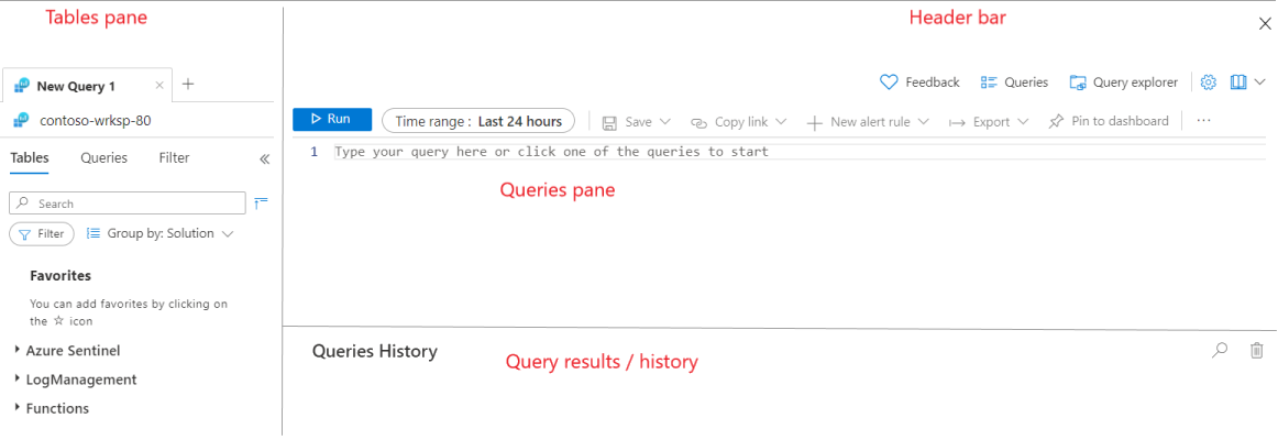 Screenshot of the default Logs page that shows four elements: the Header bar, the Tables pane, the Queries pane, and the Query results/history pane.