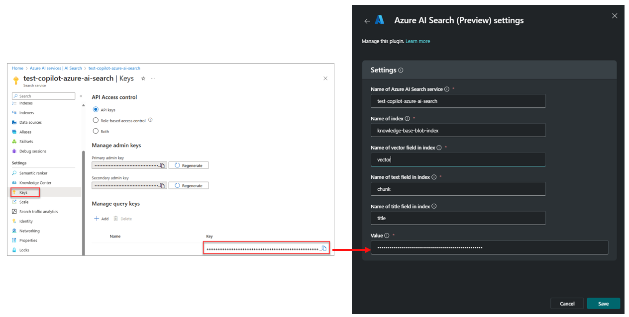 Snímek obrazovky klíče Azure AI Search, který se zkopíruje do pole hodnoty modulu plug-in.