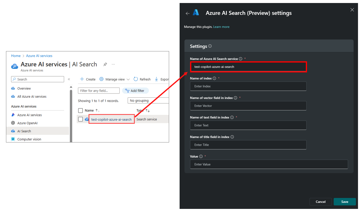 Snímek obrazovky, který zvýrazní instanci vyhledávání, jejíž název zkopírujete do pole instance vyhledávání Azure AI pro modul plug-in.