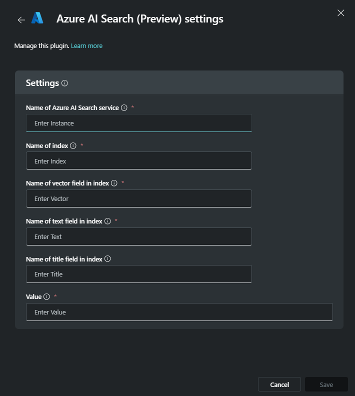 Snímek obrazovky s parametry modulu plug-in Azure AI Search