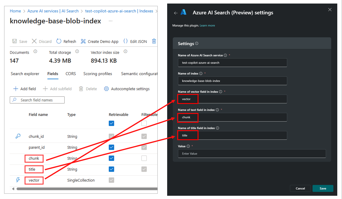 Snímek obrazovky názvů polí indexu Azure AI Search odkazující na odpovídající pole v okně parametrů modulu plug-in